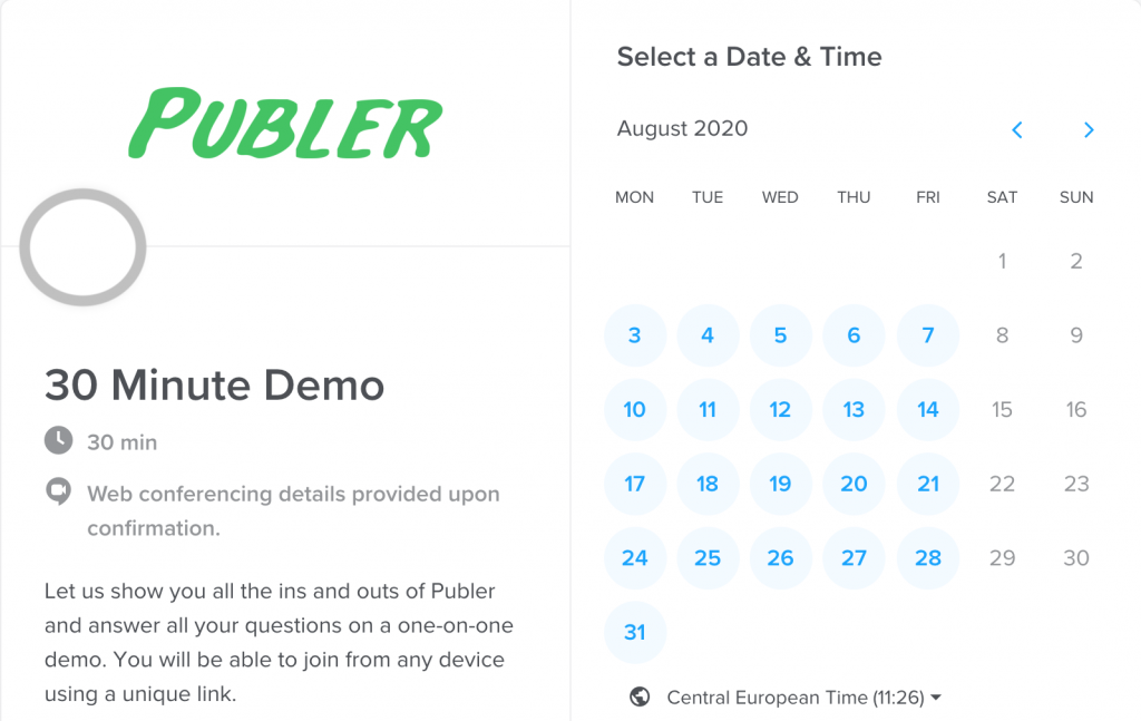 This is the screenshot taken from Calendly This page is shown anytime a person wants to schedule a DEMO with one of the Publer's team members.
