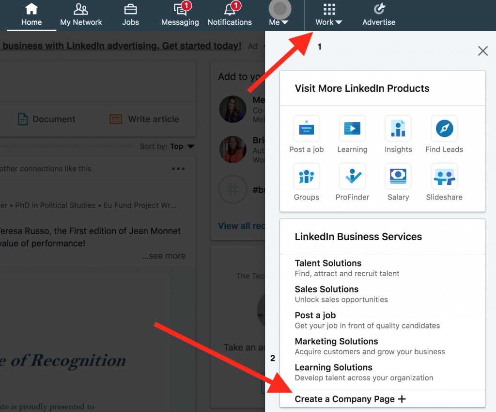 This screenshot explains how one can create a new Page on LinkedIn - by going to the Work section and selecting the Create a Company page.
